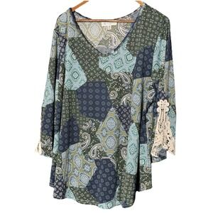 3X Stem & Vine Blue Paisley Print Crochet Lace Trim 3/4 Sleeve Bell Top Slinky